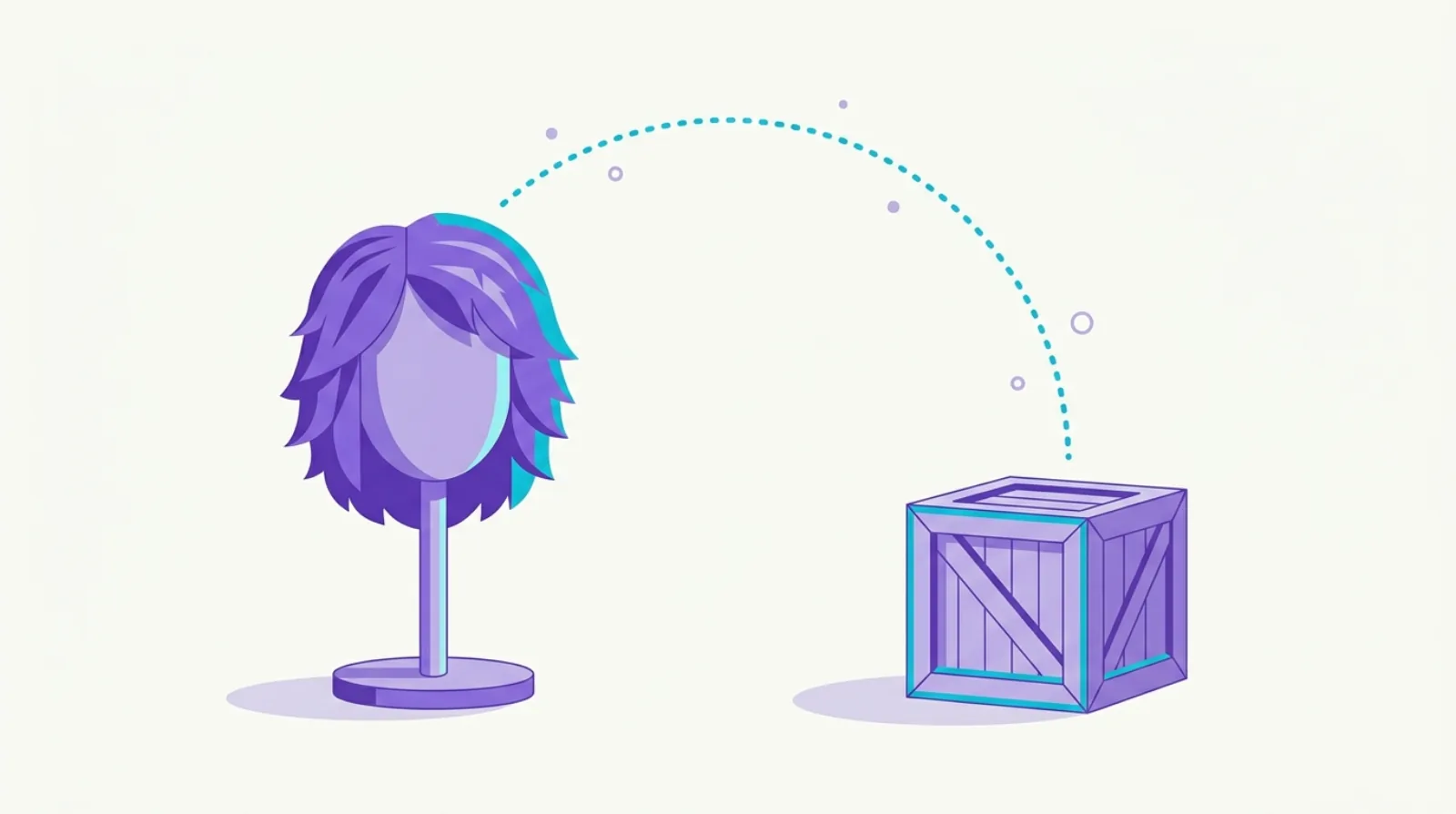 Flat vector illustration of a wig stand and shipping crate with a world route line