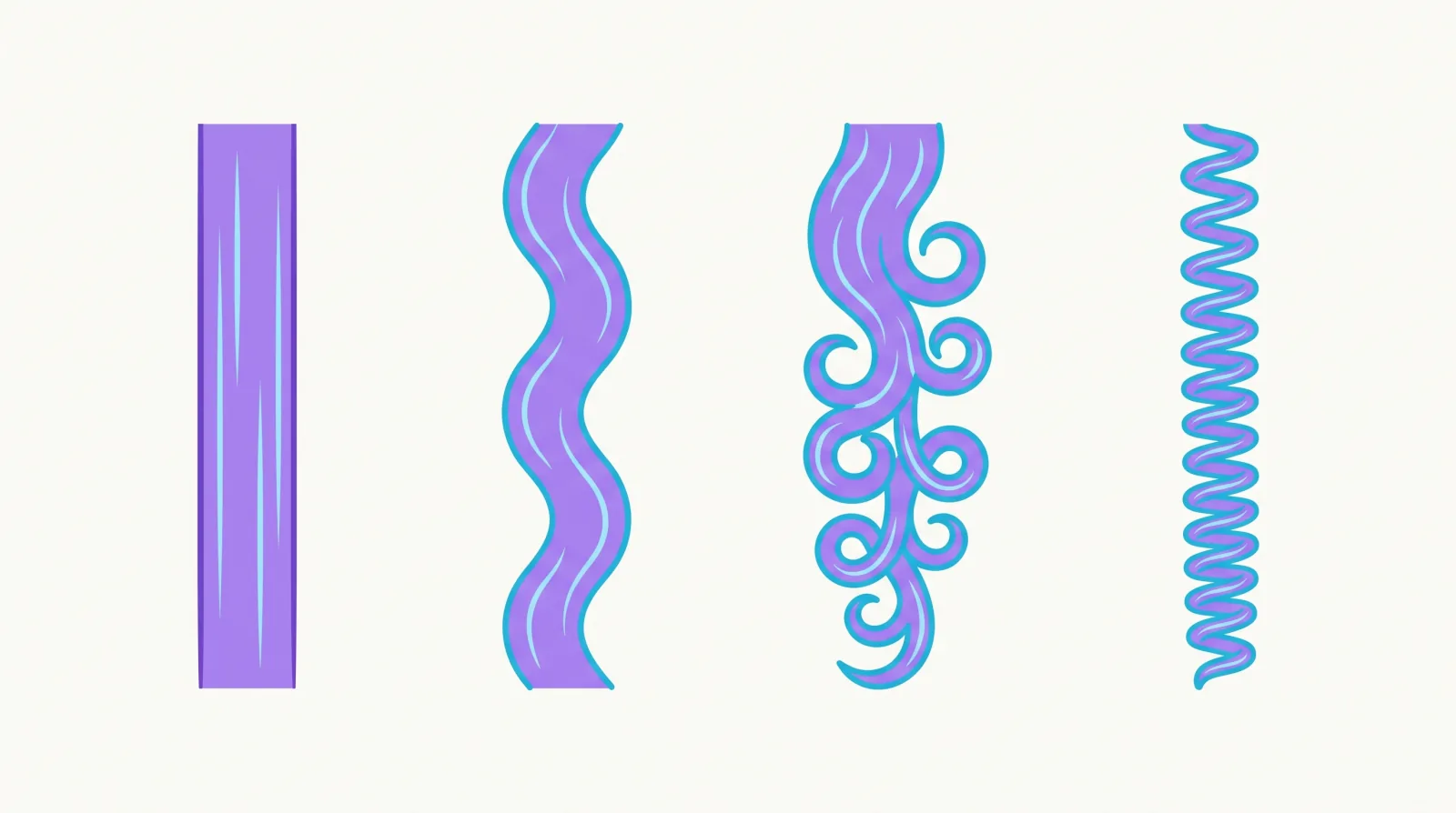 Straight, wavy, curly, and coily hair shown next to different face shapes