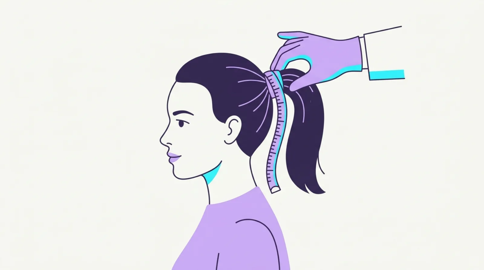 A soft measuring tape wrapped around the base of a ponytail to check hair density