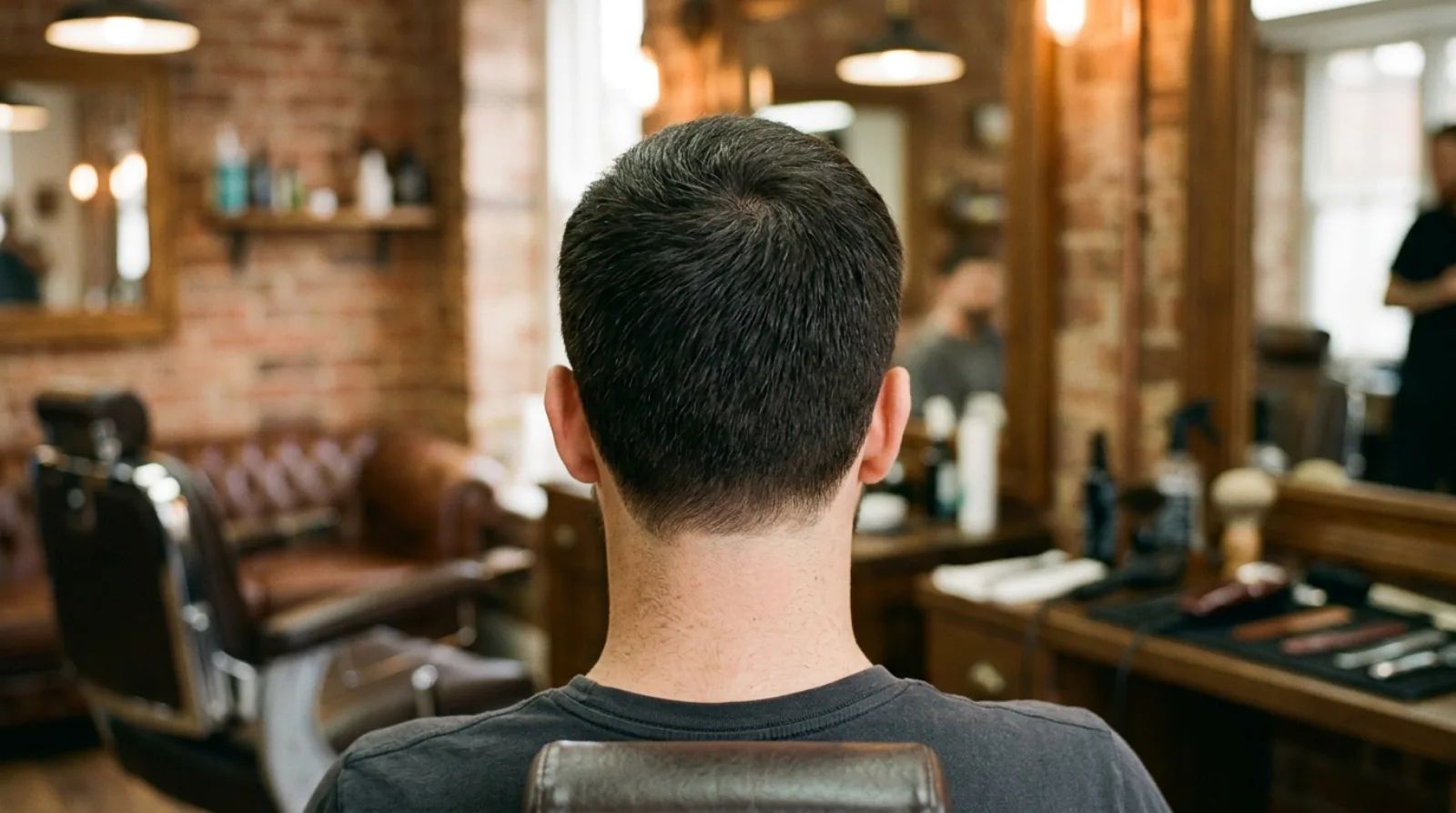 Back view of a man in a barber chair with a Caesar cut, short even hair over the crown and a clean neckline.
