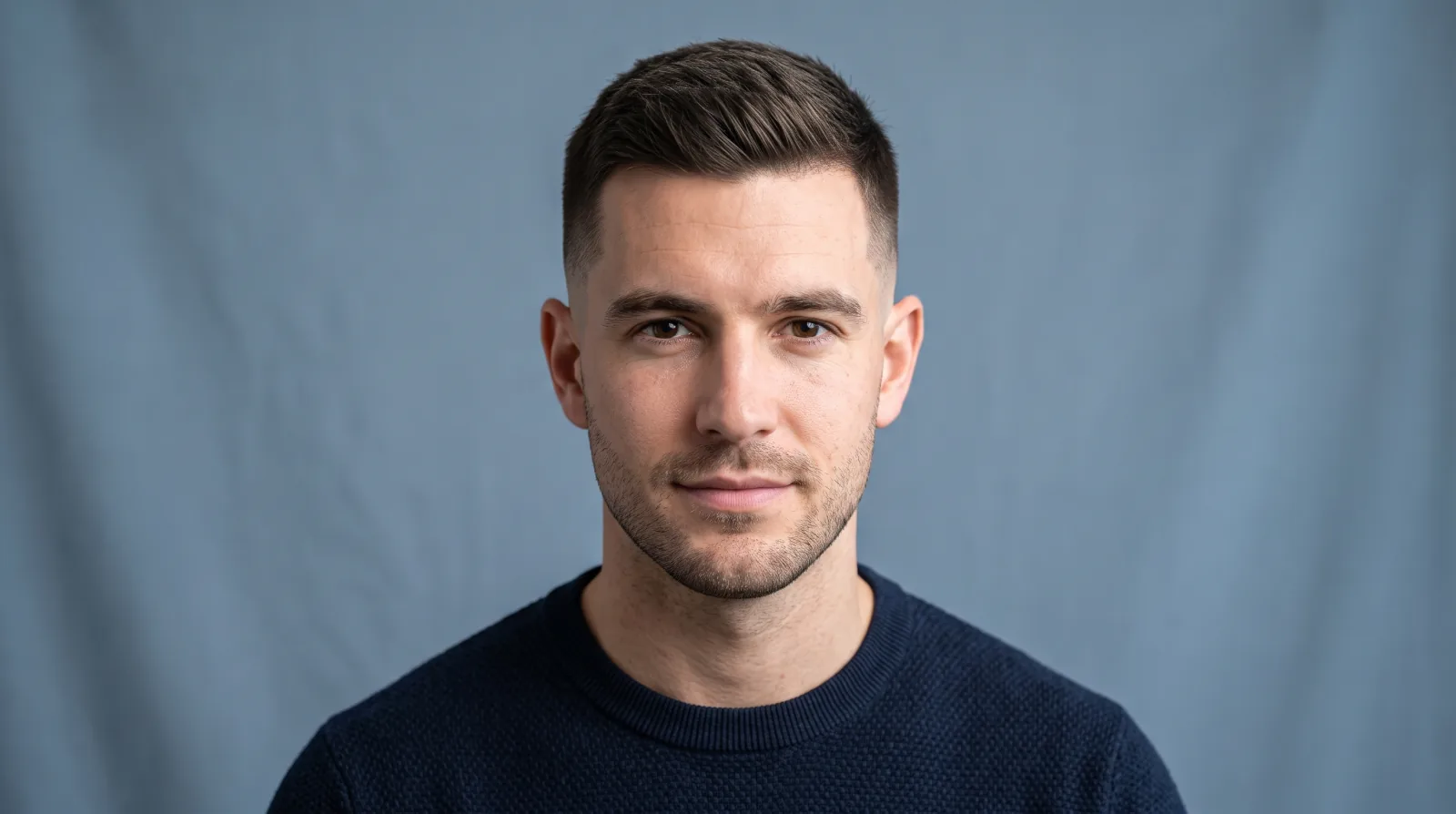 Side and front view of a man with a neat crew cut, short on the back and sides with a little more length on top.
