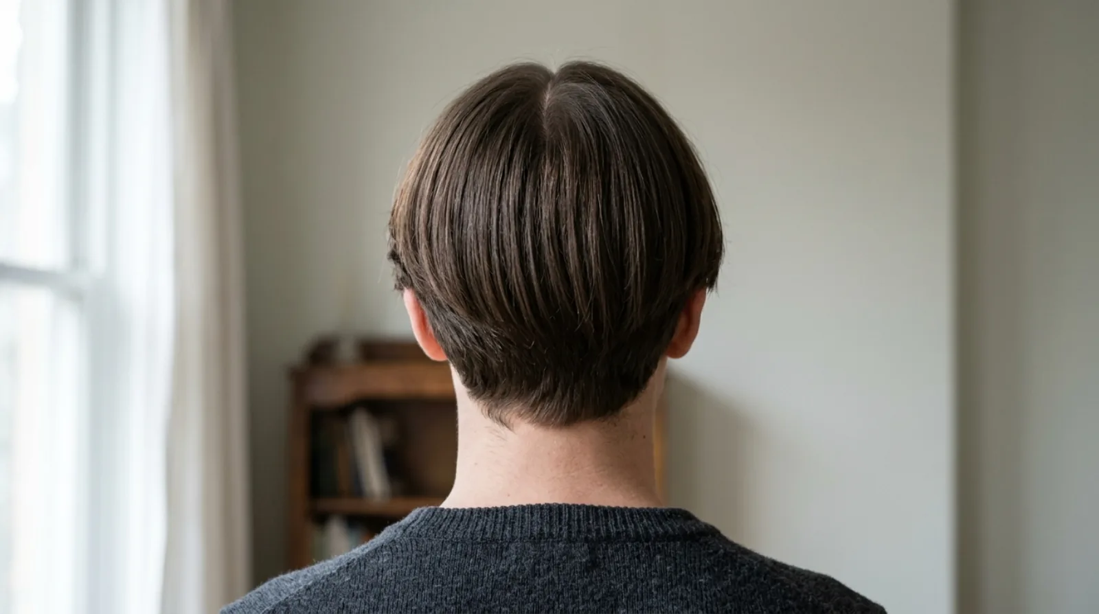 Back view of a man's curtains haircut showing the centre parting at the crown and the hair falling to both sides, tapered at the nape.