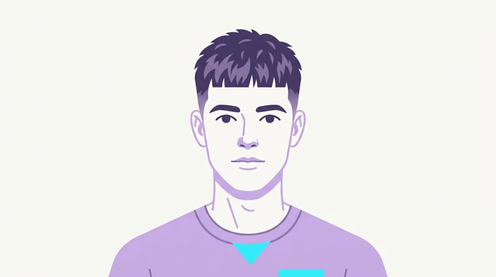 Front view of a man with a short textured crop haircut and a straight forward fringe above the eyebrows.
