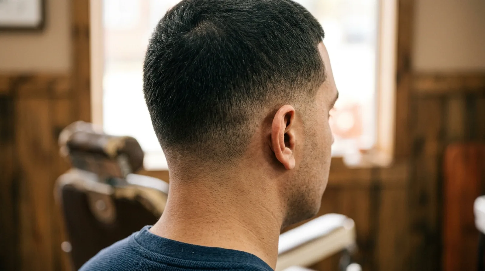 Back and side view of a man's low taper fade haircut in a barber shop, with the hair blending down to the skin just above the ear and along the neckline.