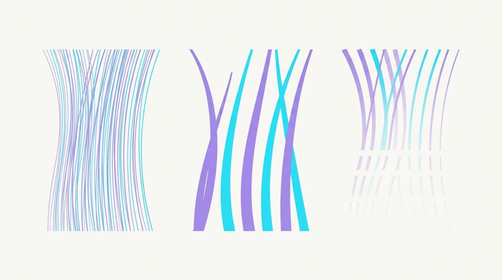 Three groups of hair strands compared side by side: fine strands, sparse thick strands, and strands fading out.