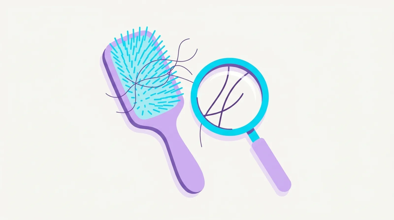 Paddle hairbrush with a few loose strands beside a magnifying glass, flat vector illustration.