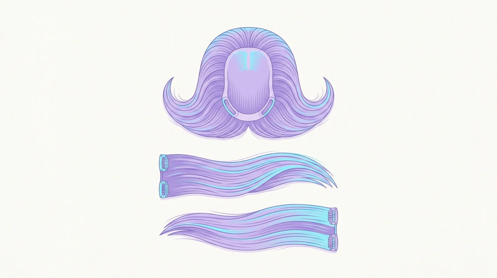 A hair topper piece and clip-in extension wefts laid flat and neatly arranged, flat vector illustration.