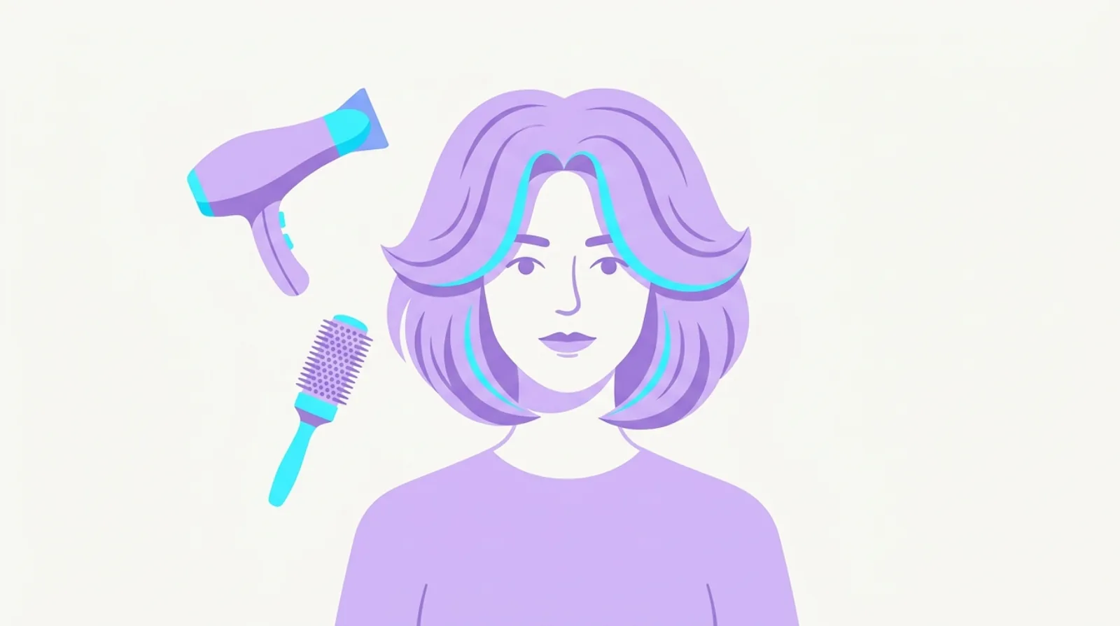 Woman with a full voluminous layered bob, hair dryer and round brush illustrated beside her.