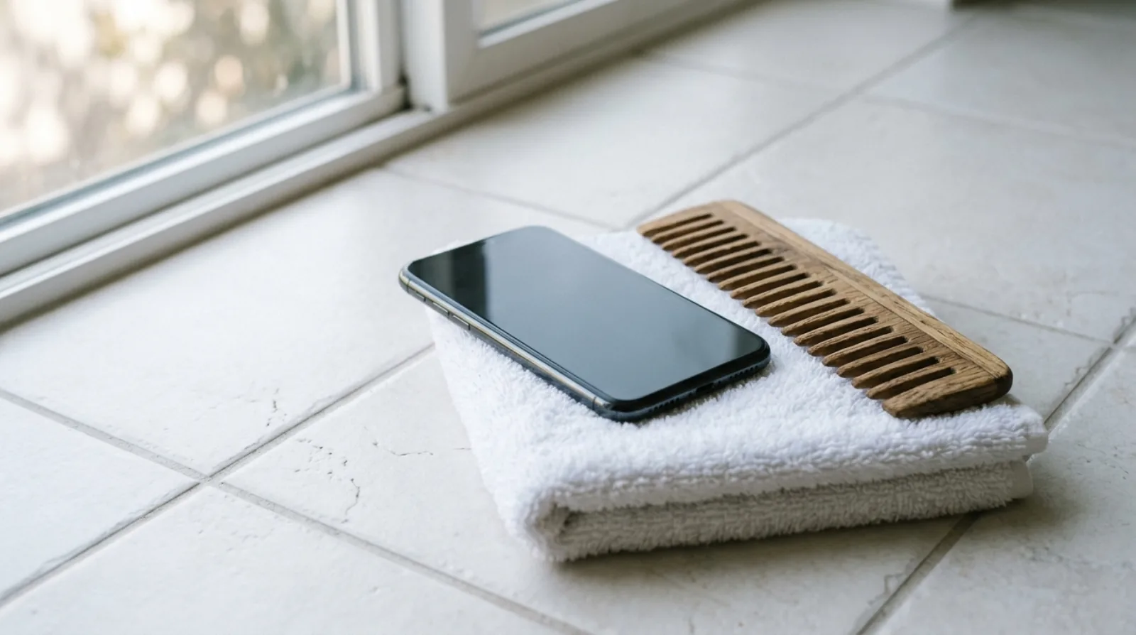 A phone lying face down beside a wide-tooth wooden comb and a folded white towel on pale tile in window light