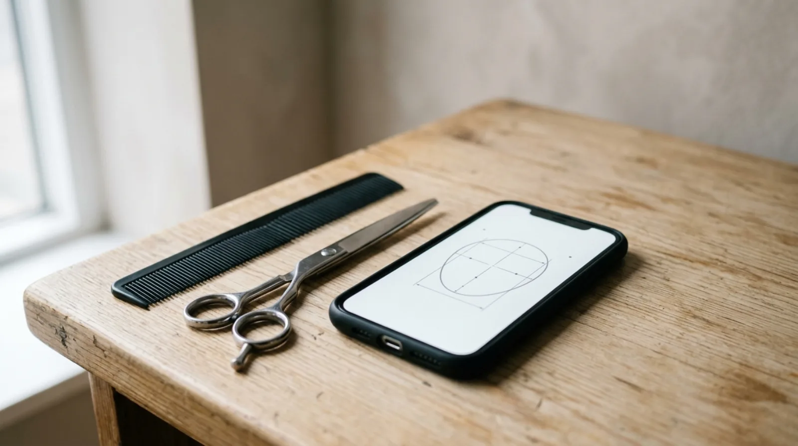 A phone on a barber's counter showing a plain face-outline diagram with measurement lines, beside a black comb and steel barber scissors