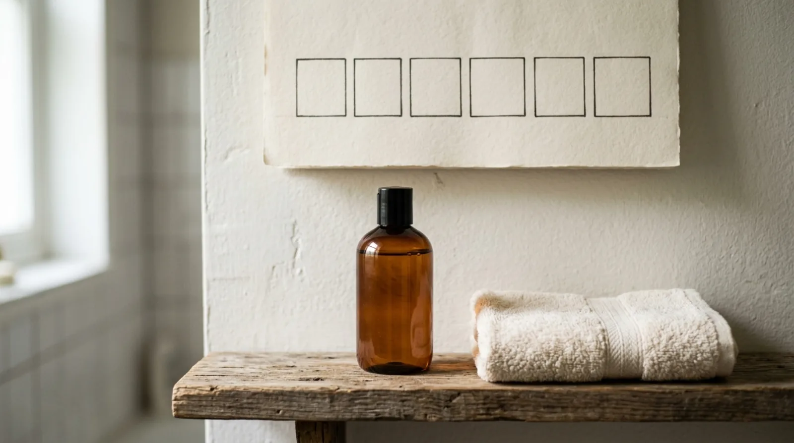 A paper wall calendar with seven blank squares beside an unlabelled shampoo bottle and a folded towel on a wooden shelf