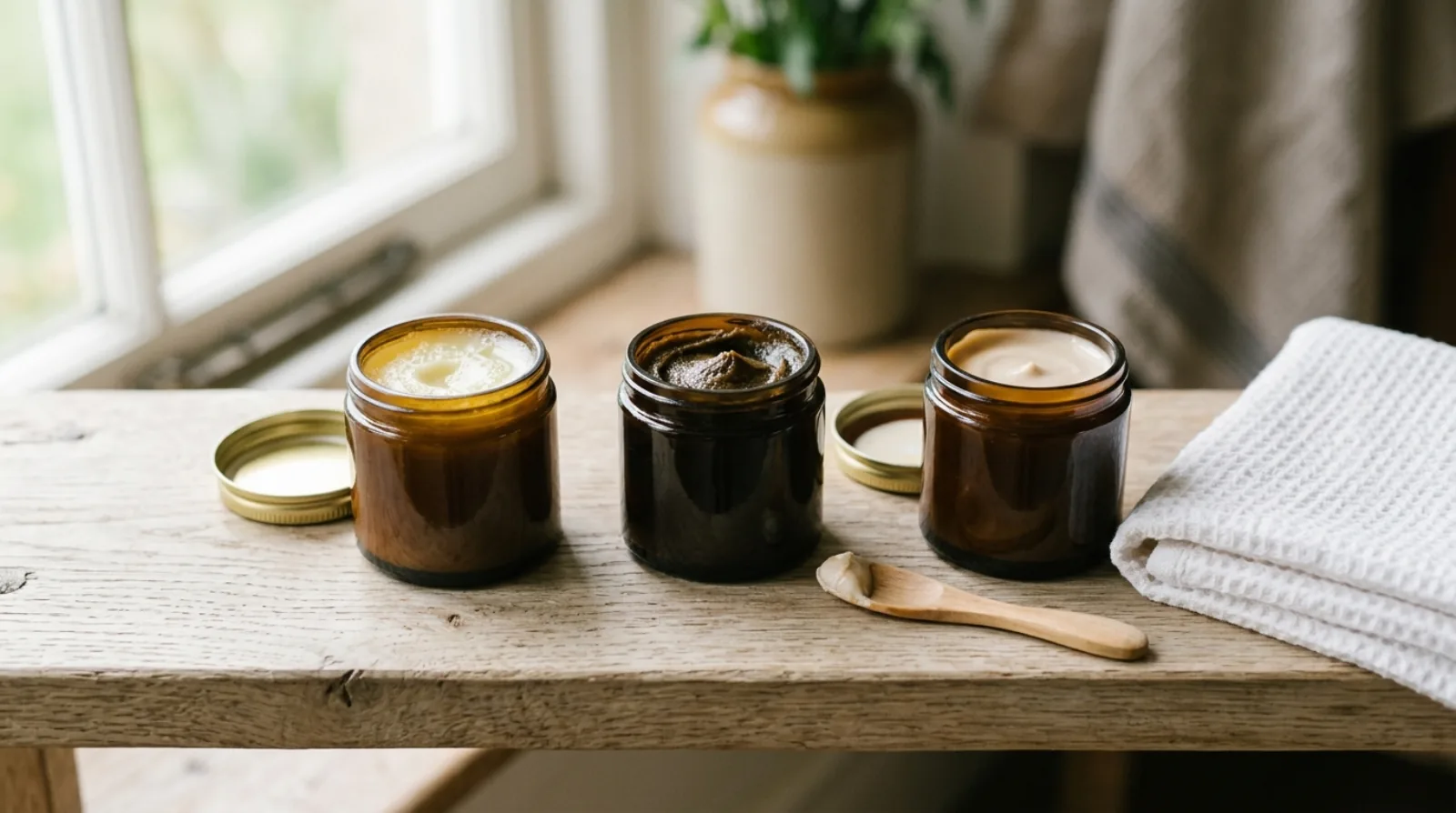 Three unlabelled open jars, a small wooden spatula and a folded white towel on a pale oak shelf