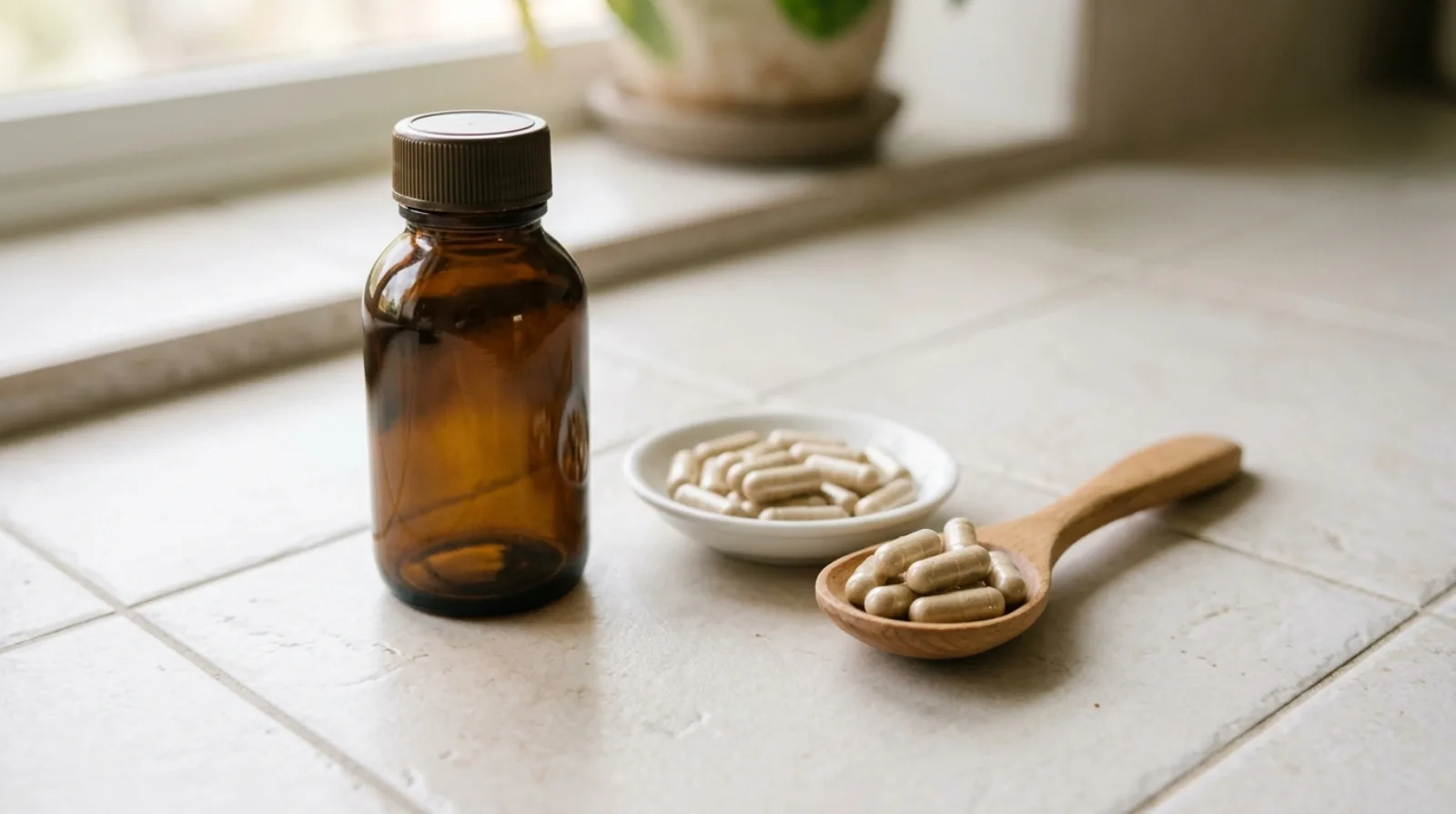 An unlabelled amber supplement bottle, a small white pill dish and a wooden spoon of loose capsules on pale tile