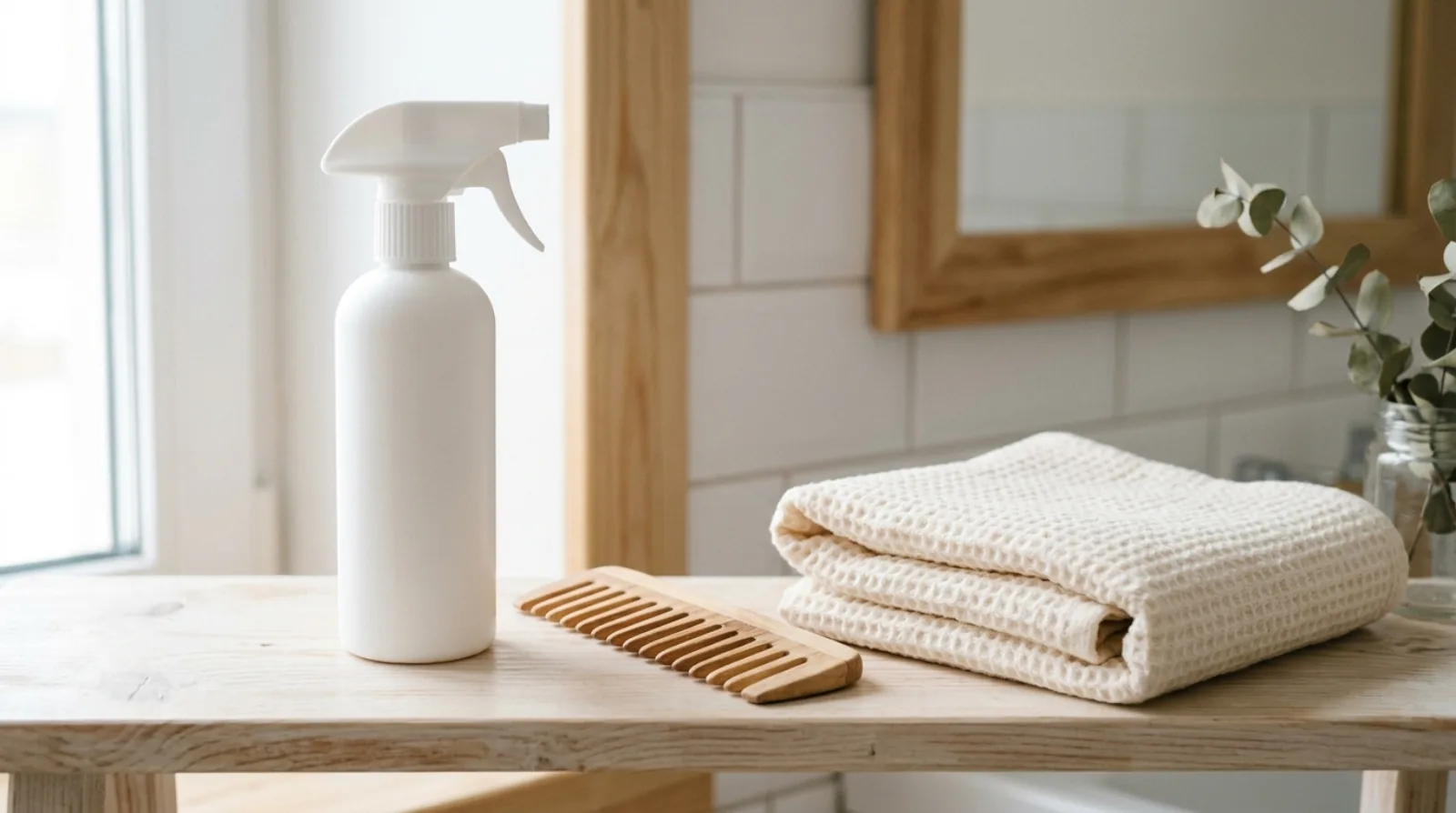 An unlabelled white spray bottle, a wide-tooth comb and a folded towel on a pale wooden shelf in soft daylight