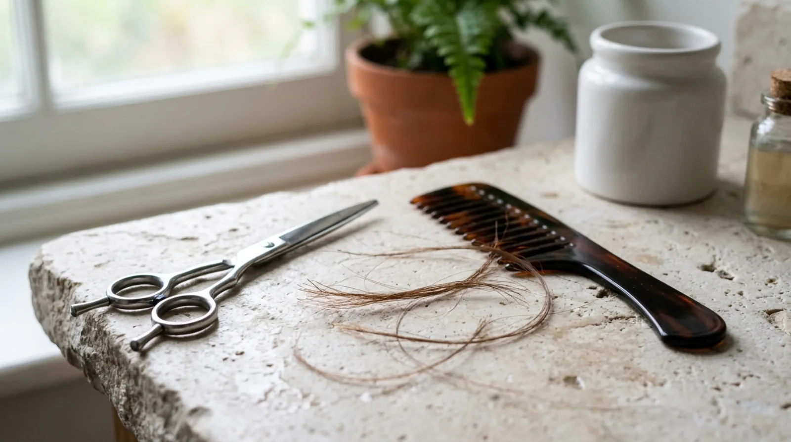 Unlabelled hair scissors, a wide-tooth wooden comb and a small glass jar of serum on pale linen in soft daylight
