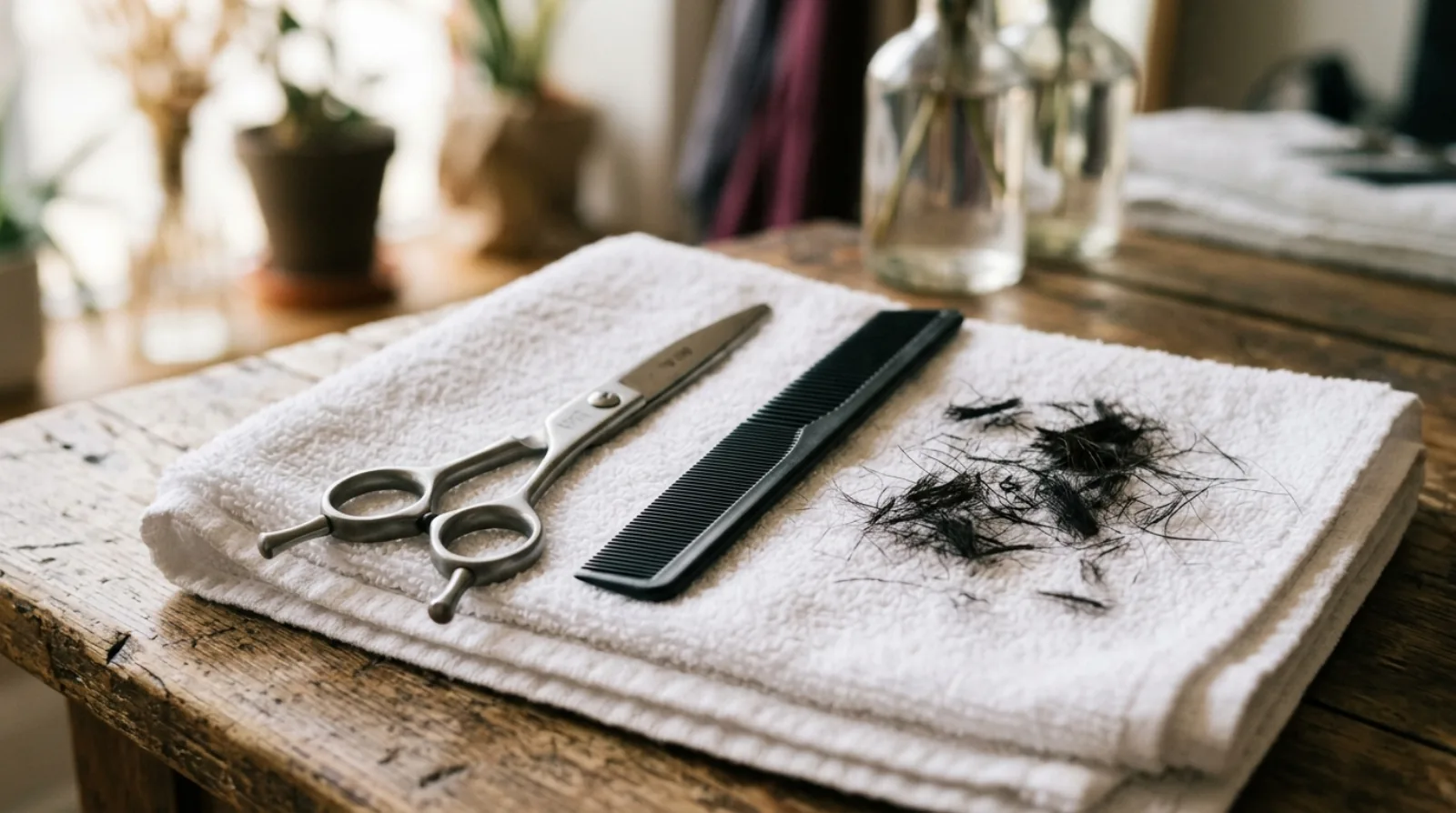 A pair of hairdressing scissors, a fine-tooth comb and a few cut hair clippings on a folded white towel
