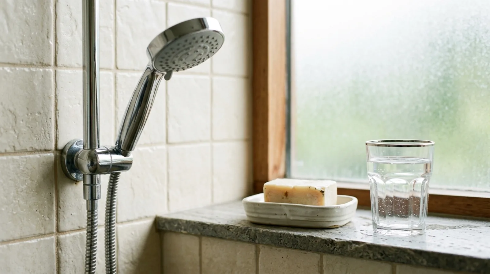 A chrome shower head, a bar of soap on a ceramic dish and a glass of water on a tile ledge in soft daylight