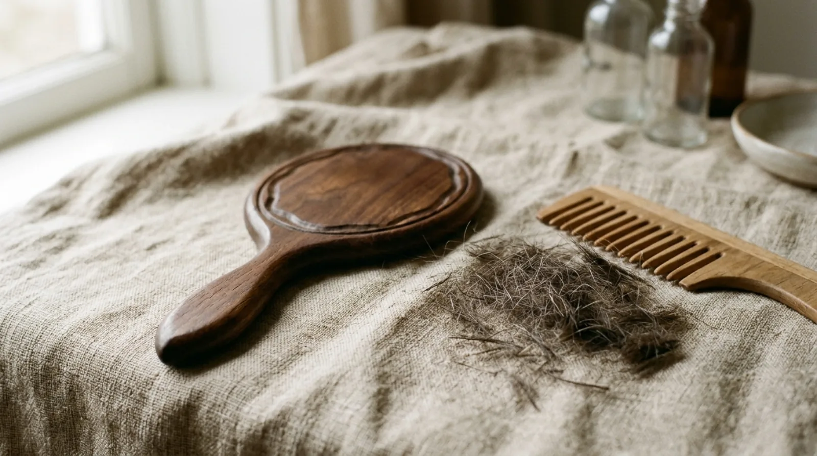 A hand mirror lying face down on linen beside a wide-tooth comb and a small pile of cut hair clippings