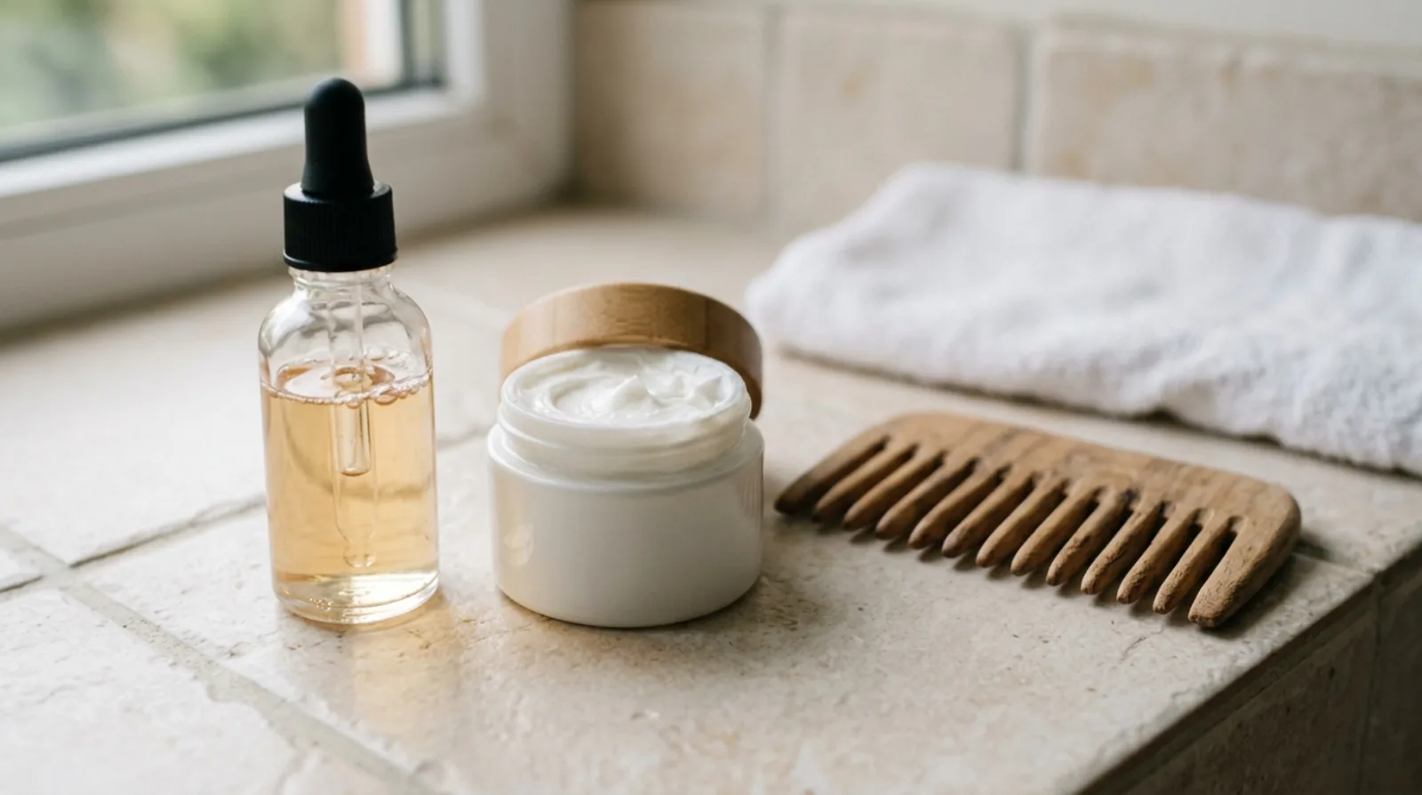 An unlabelled glass dropper bottle and a small jar of thick white cream beside a wide-tooth wooden comb on pale tile, no text anywhere