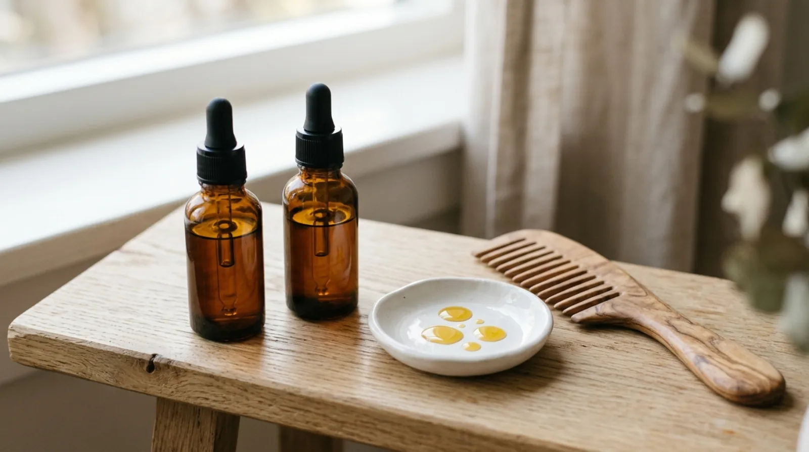 An unlabelled glass oil bottle, a small brass bowl of oil and a wooden comb on a plain stone shelf