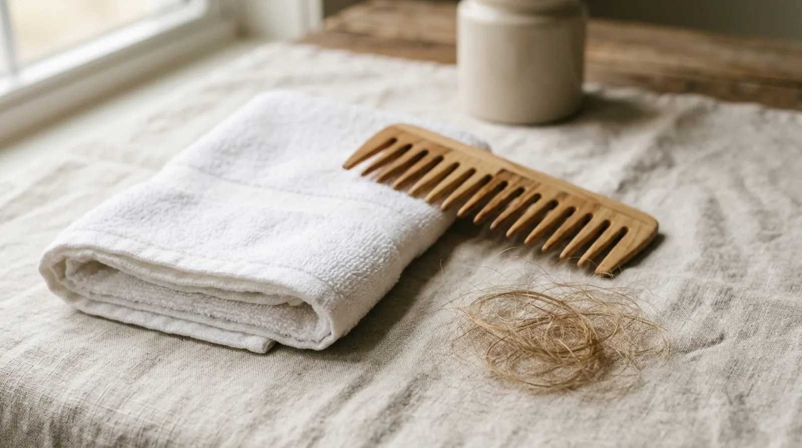 A folded white towel, a wide-tooth wooden comb and a small pile of loose hair on pale linen in soft daylight