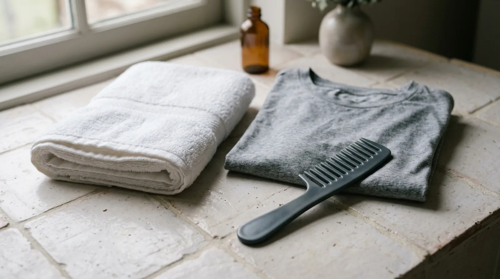 A folded white cotton towel, a grey cotton t-shirt and a wide-tooth comb arranged on pale tile in soft daylight