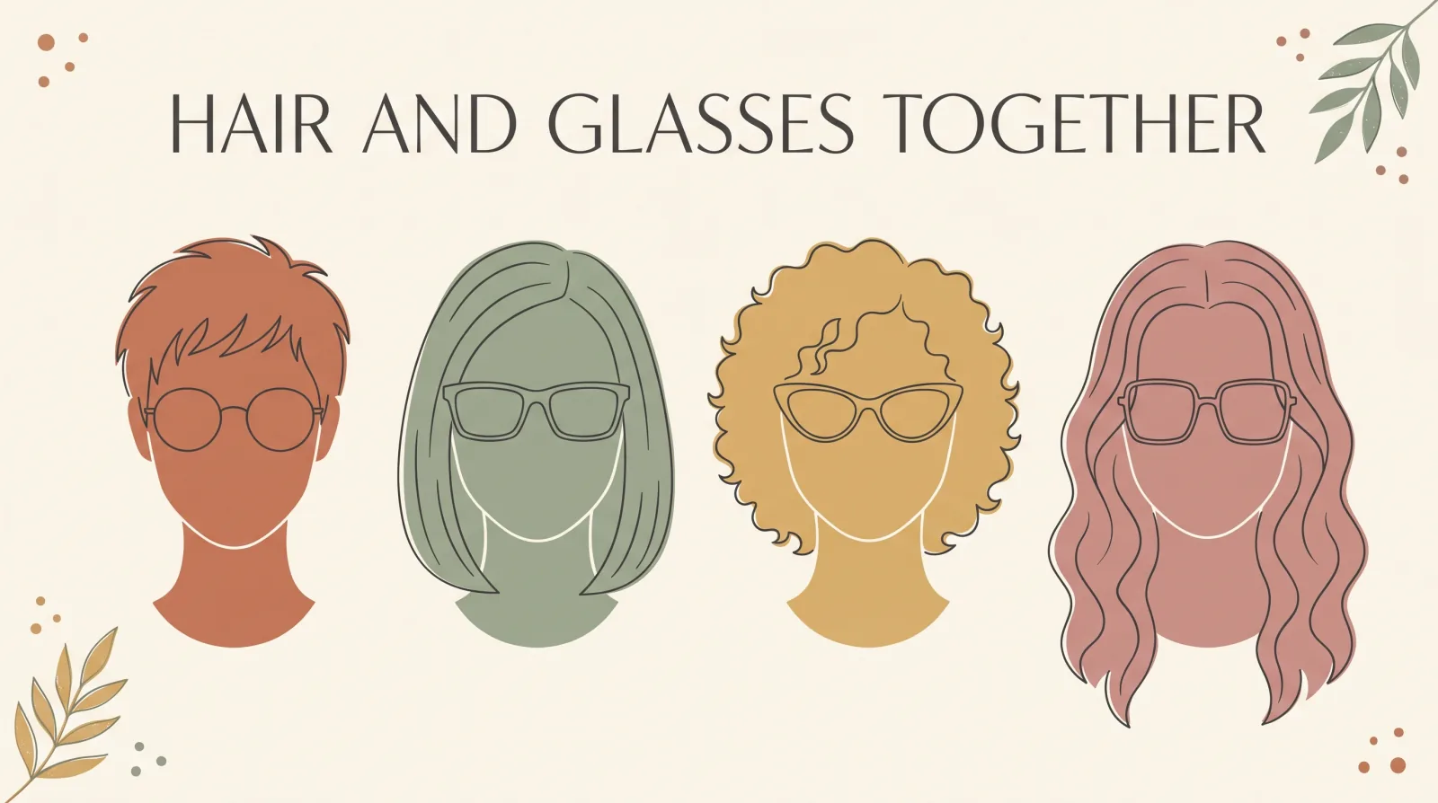 Illustration of hairstyles for a long face with glasses, showing fringe length and side width against a frame