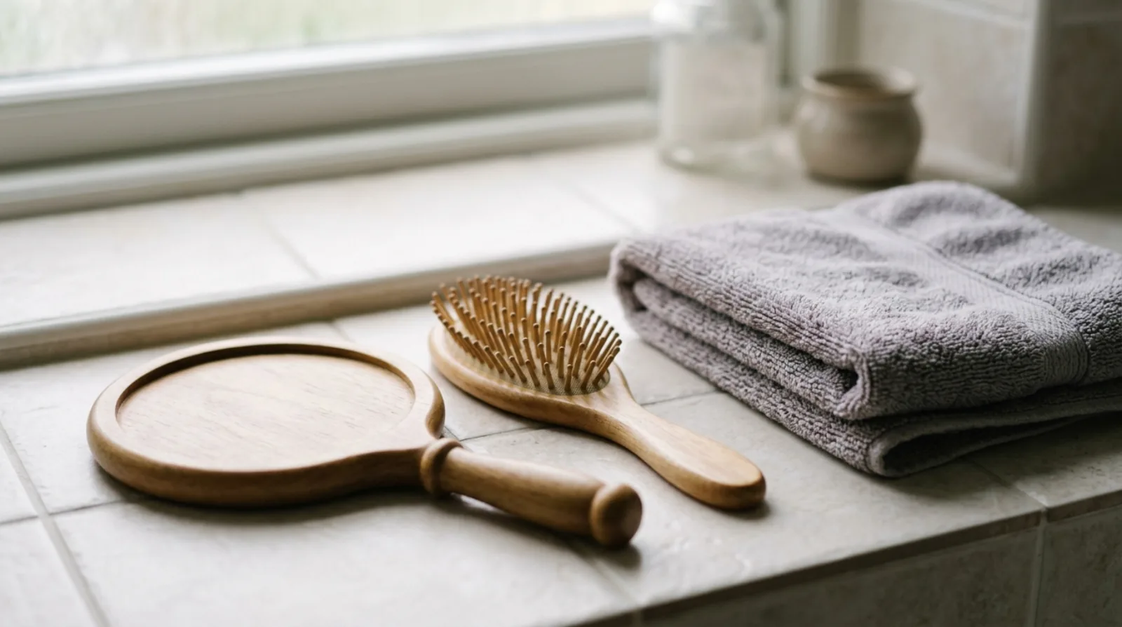 A hand mirror lying face down, a wooden hairbrush and a folded microfibre towel on a pale tile counter