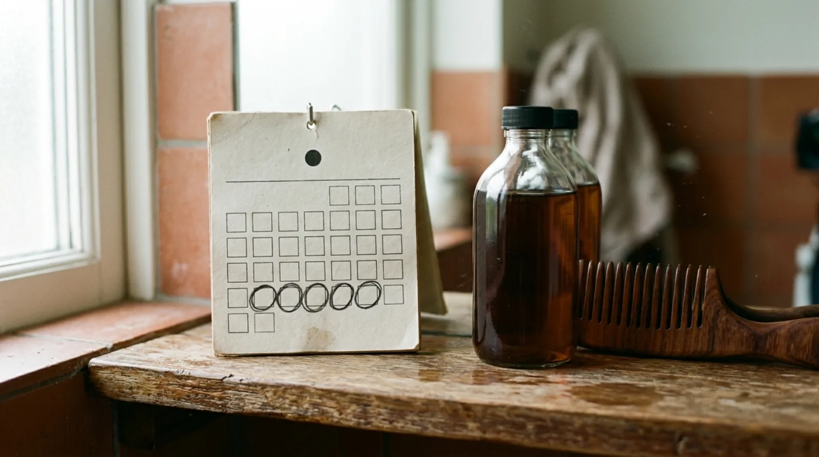 A small paper wall calendar with several days circled beside an unlabelled shampoo bottle and a wide-tooth comb on a wooden shelf, no text anywhere