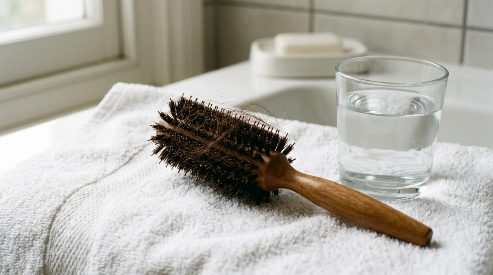 A wooden comb, a small open notebook and a cloth measuring tape on plain linen in soft daylight