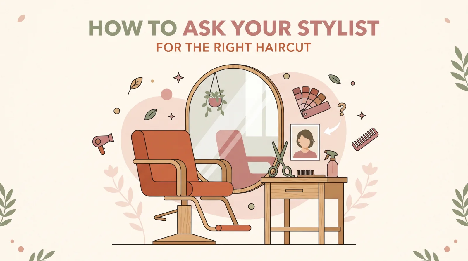 Illustration of a client showing a reference photo to a hair stylist