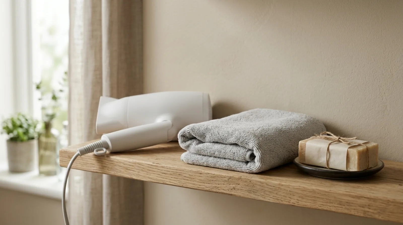 A plain white hair dryer, a folded grey microfibre towel and a bar of soap on a light wood shelf