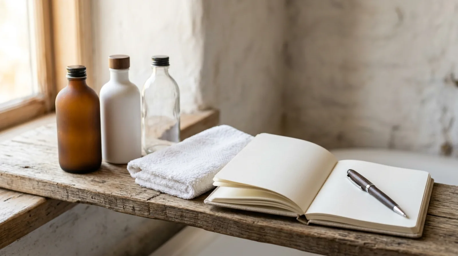 Three unlabelled shampoo bottles and a folded towel on a wooden shelf beside an open notebook and a pen
