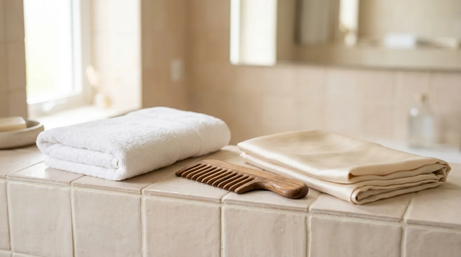 A folded white towel, a wide-tooth wooden comb and a plain satin pillowcase on a pale tiled shelf in soft daylight