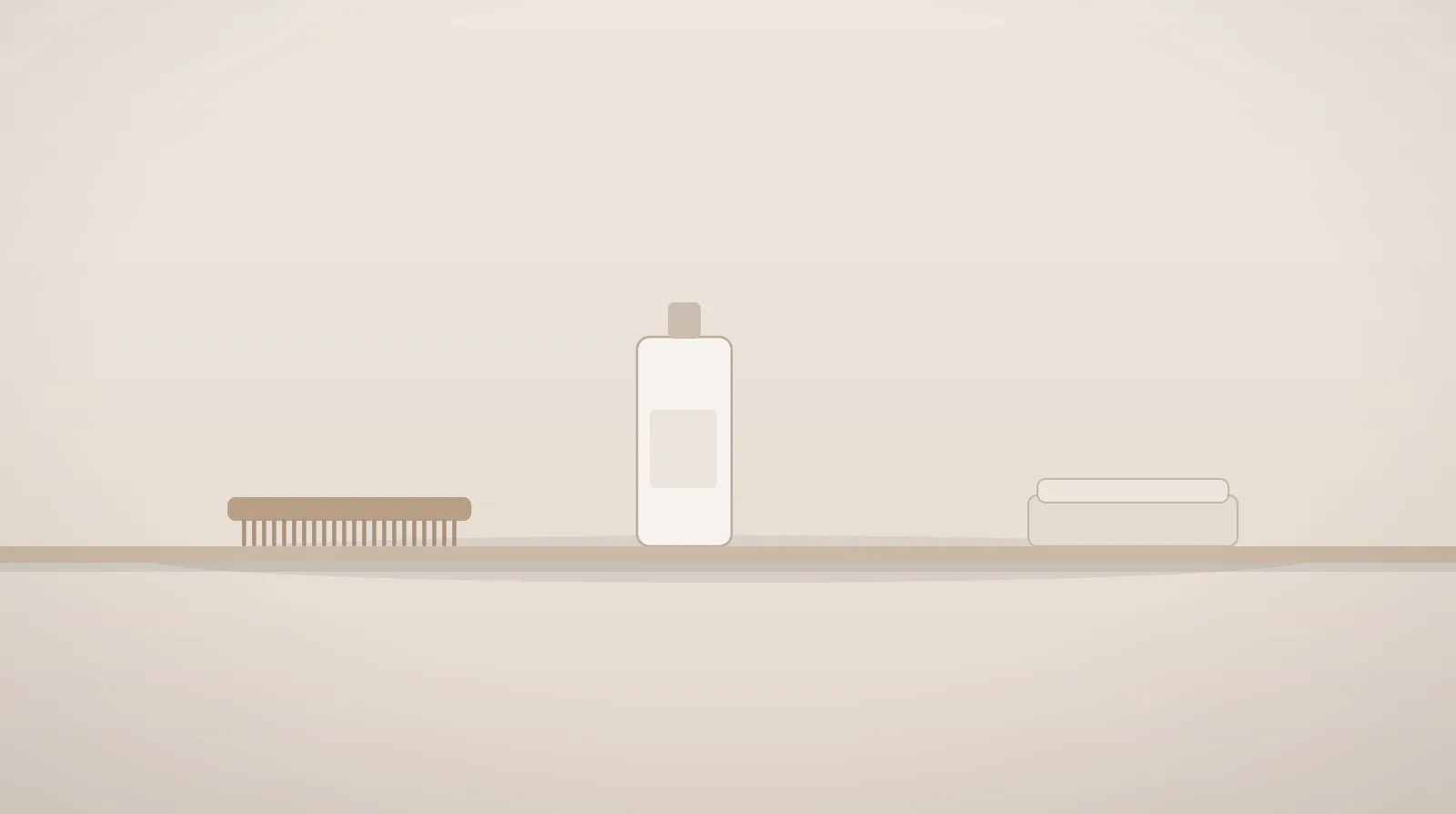 A flat illustration of a wooden comb, an unlabelled bottle and a folded cloth on a plain shelf