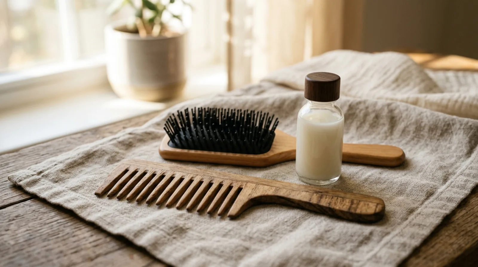 A wide-tooth wooden comb, a paddle brush and a small unlabelled bottle of conditioner on a linen cloth in soft daylight