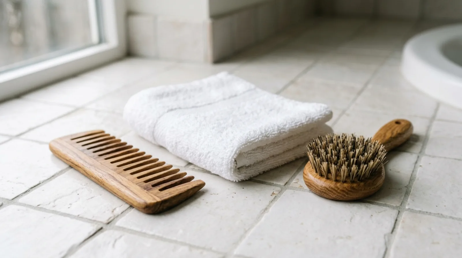 A wide-tooth wooden comb, a folded white towel and a small round hairbrush laid on pale tile in soft daylight