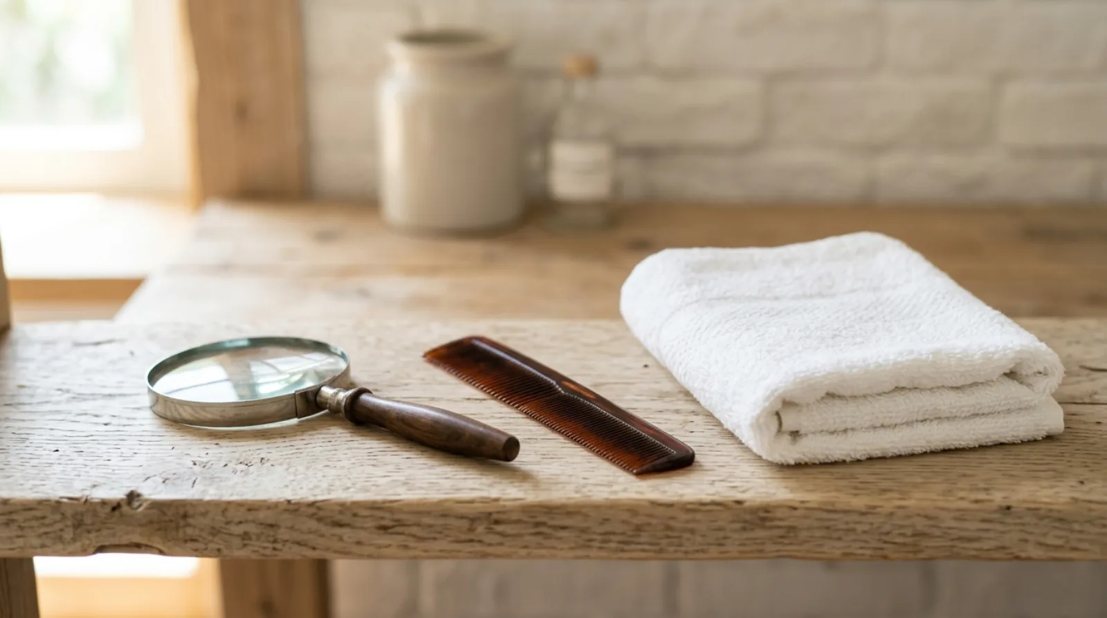 A magnifying glass, a fine-tooth comb and a folded white towel arranged on a pale wooden shelf in daylight