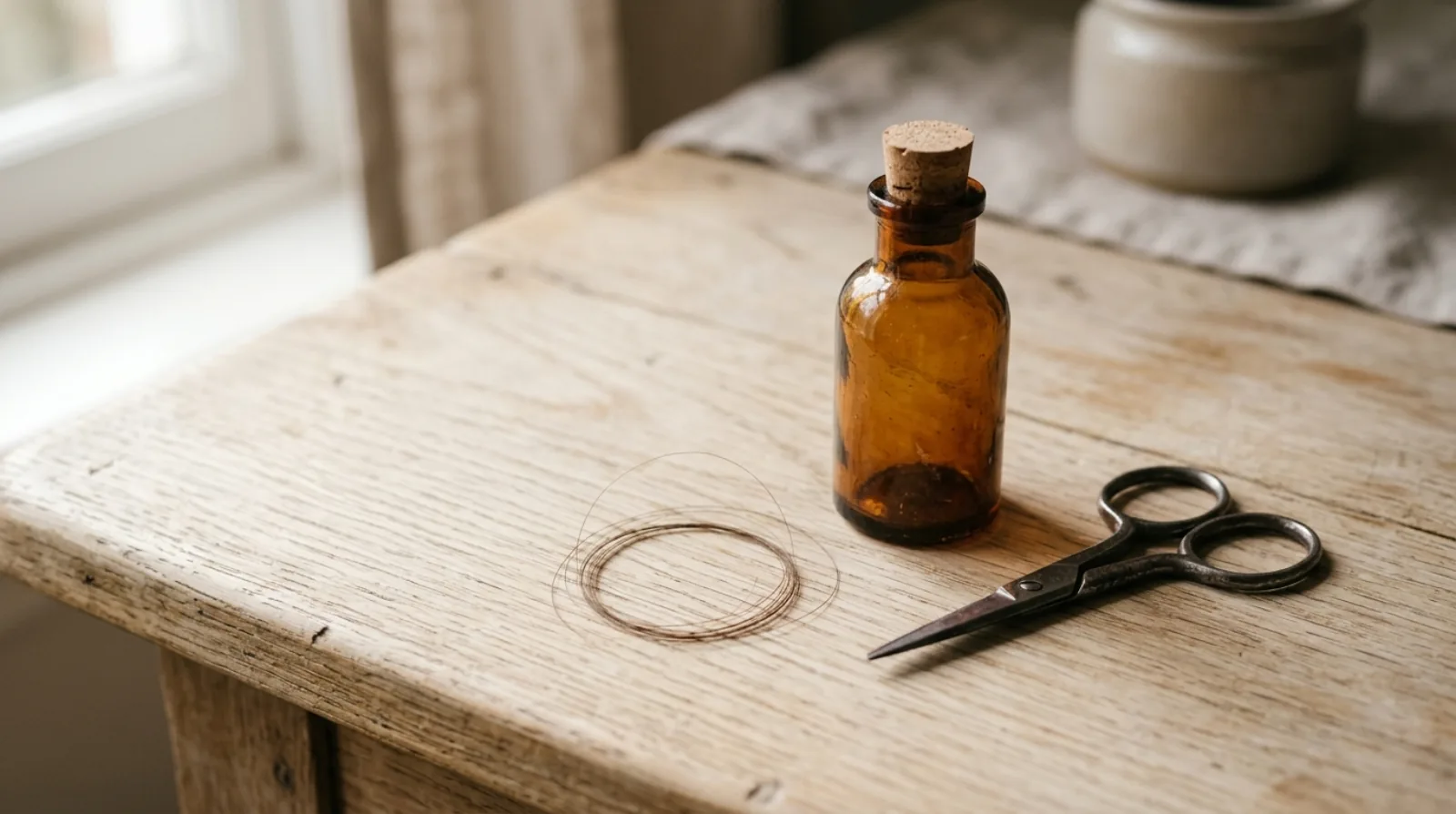 A single long strand of hair coiled on pale wood beside an unlabelled amber glass bottle and small fabric scissors, no text anywhere