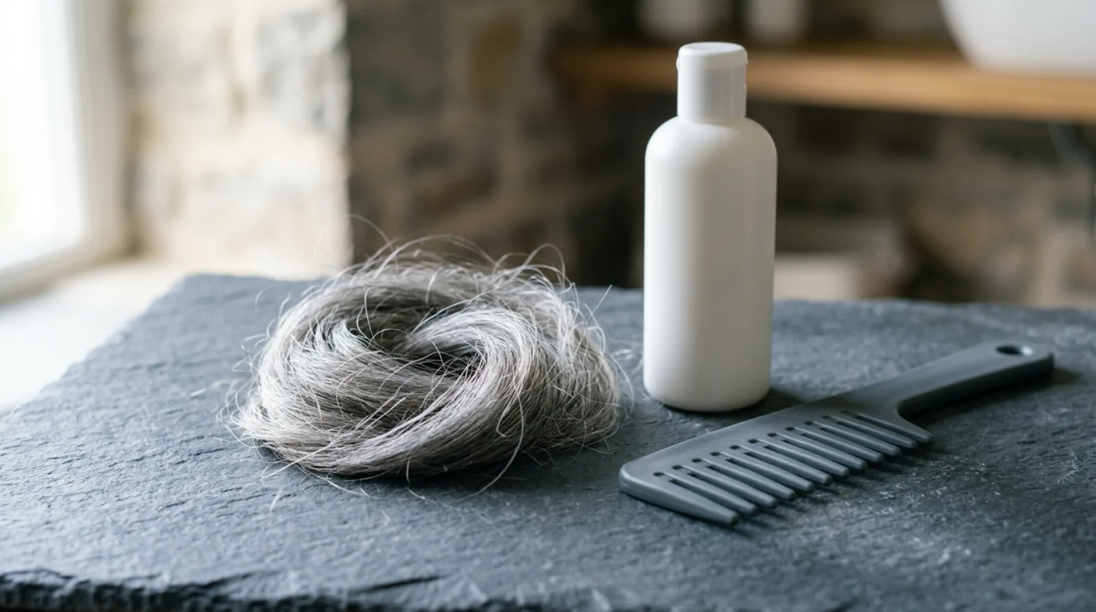 A silver-handled hairbrush, an unlabelled conditioner jar and a folded grey cloth on pale tile