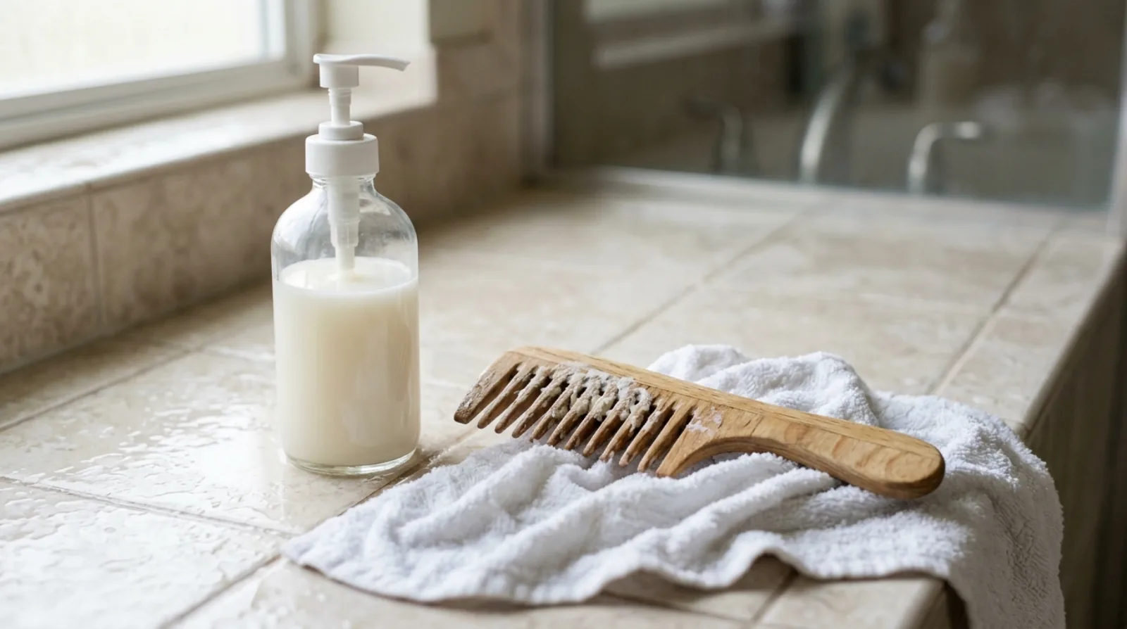 An unlabelled pump bottle, a wide-tooth wooden comb with pale residue and a damp white towel on wet pale tile