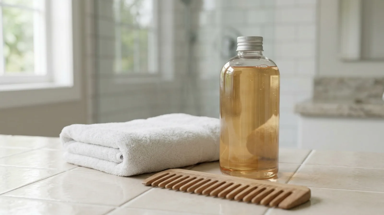 An unlabelled clear shampoo bottle, a folded white towel and a wide-tooth comb on pale tile in soft daylight