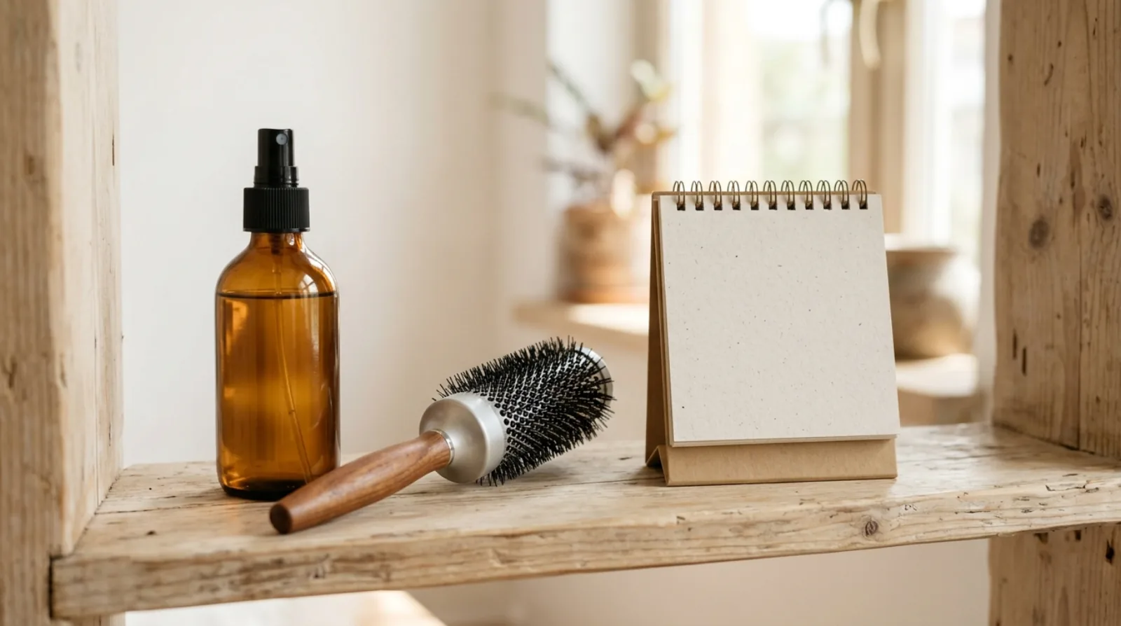 An unlabelled volumizing spray bottle, a round brush and a small paper desk calendar on a pale wooden shelf in soft daylight