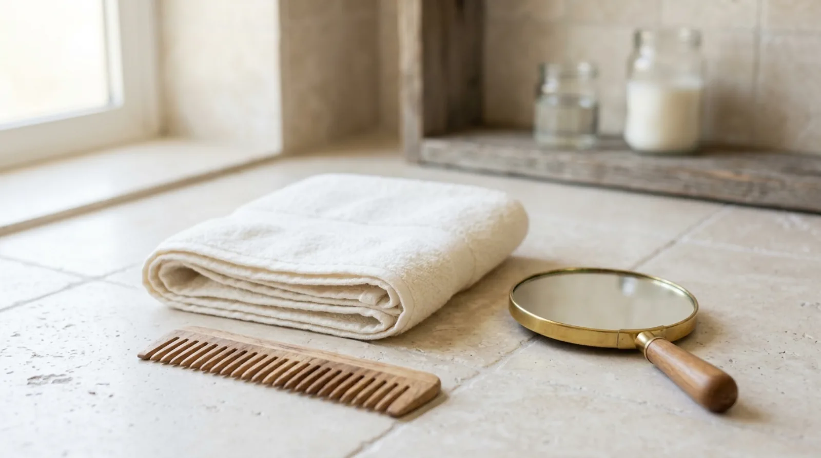 A folded white towel, a wide-tooth wooden comb and a small round hand mirror on pale tile in soft window light