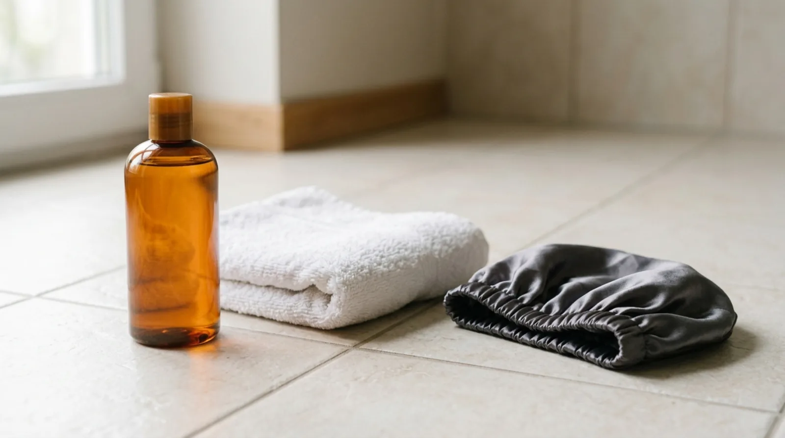 An unlabelled amber shampoo bottle, a folded white towel and a satin cap laid on pale tile in soft daylight