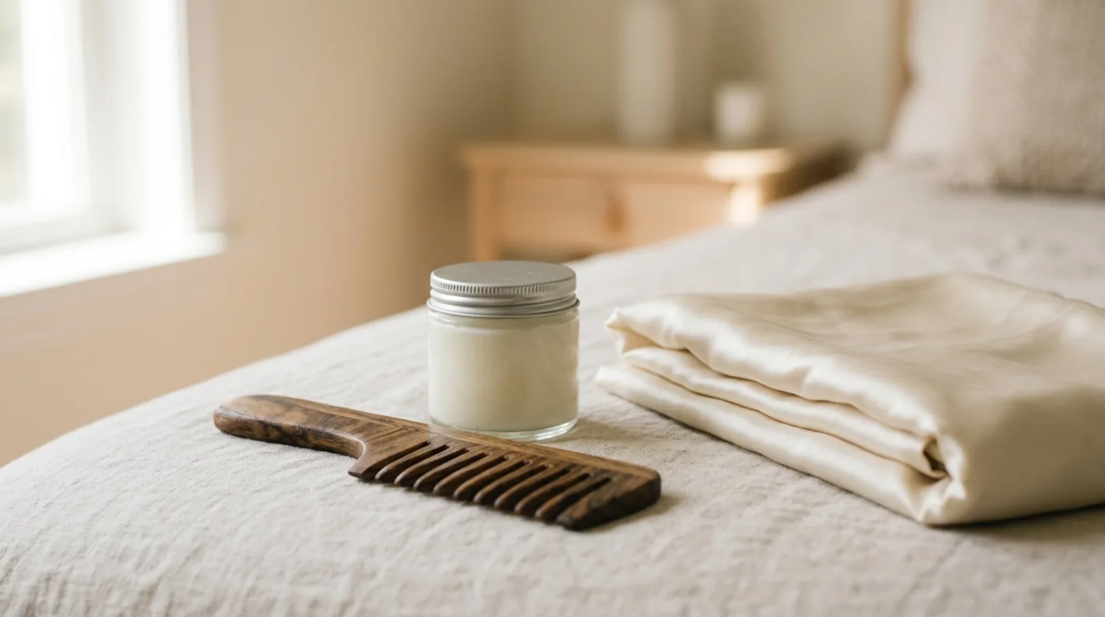 An unlabelled wide-tooth wooden comb, a small glass conditioner jar and a folded silk pillowcase on pale linen in soft daylight