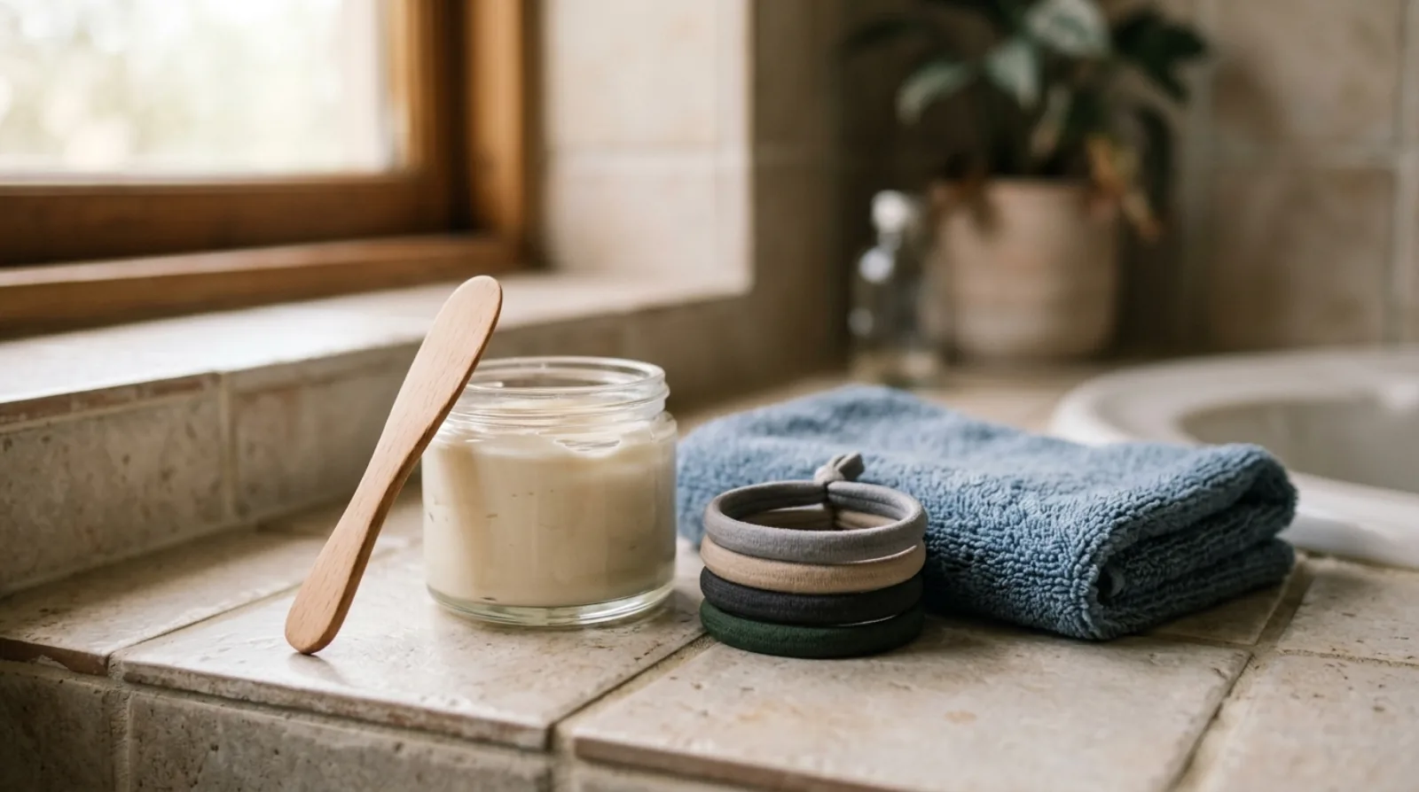 An open glass jar with a wooden spatula, a set of plain hair ties and a microfibre towel on a tile counter