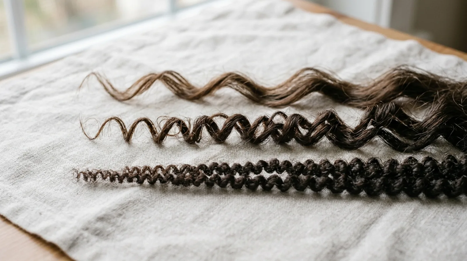 Three separated strands of hair with visibly different curl patterns laid side by side on pale linen, no bottles, no text anywhere