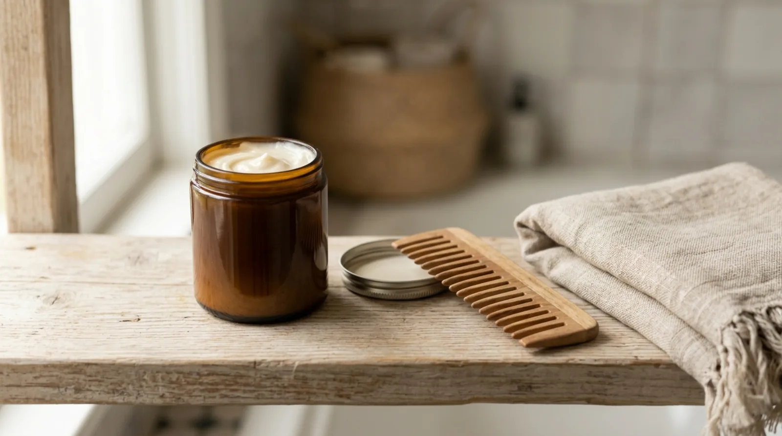 An unlabelled jar of hair mask with the lid beside it, a wide-tooth comb and a folded linen towel on a pale wooden shelf.