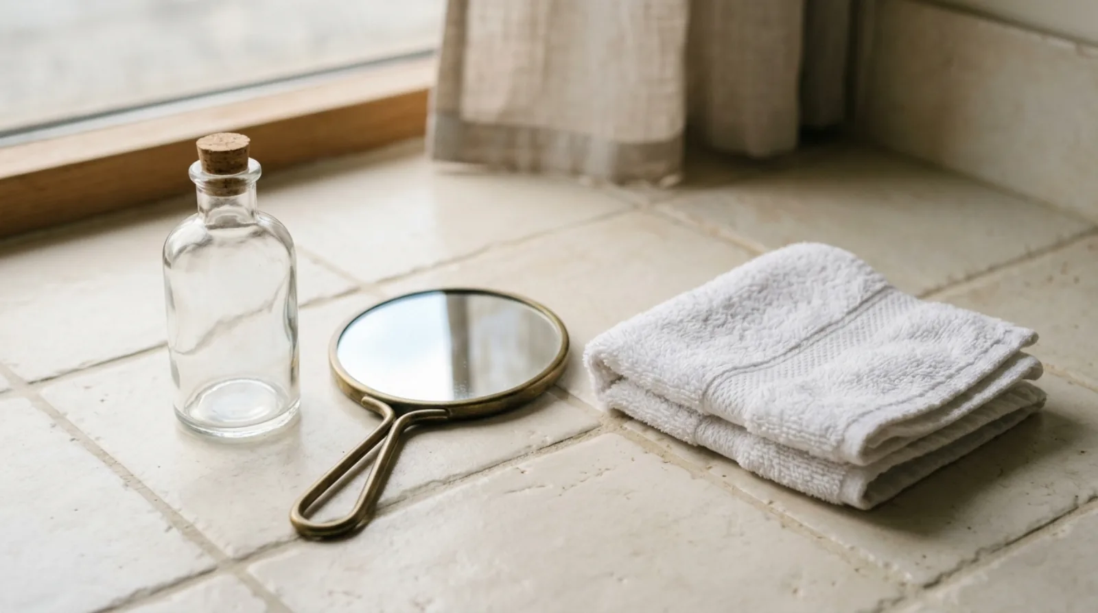 An unlabelled clear glass bottle, a small hand mirror lying face up and a folded white towel on pale tile in low side light.